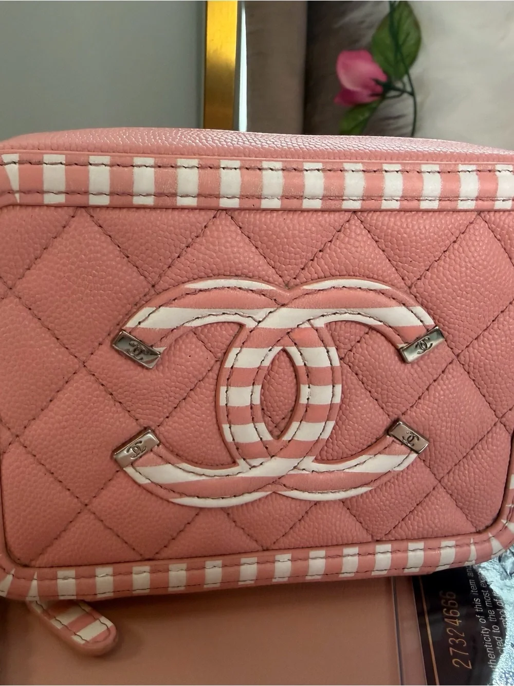 Chanel Pink Caviar Leather Striped La Pausa Camera Bag Case Crossbody Black Card